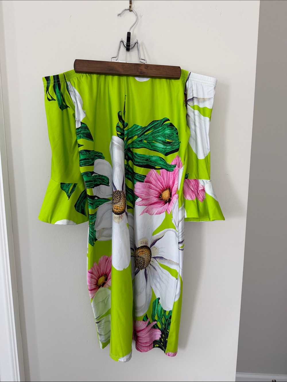 Strapless Floral Off-Shoulder Dress in Lime Green - Picture 2 of 2